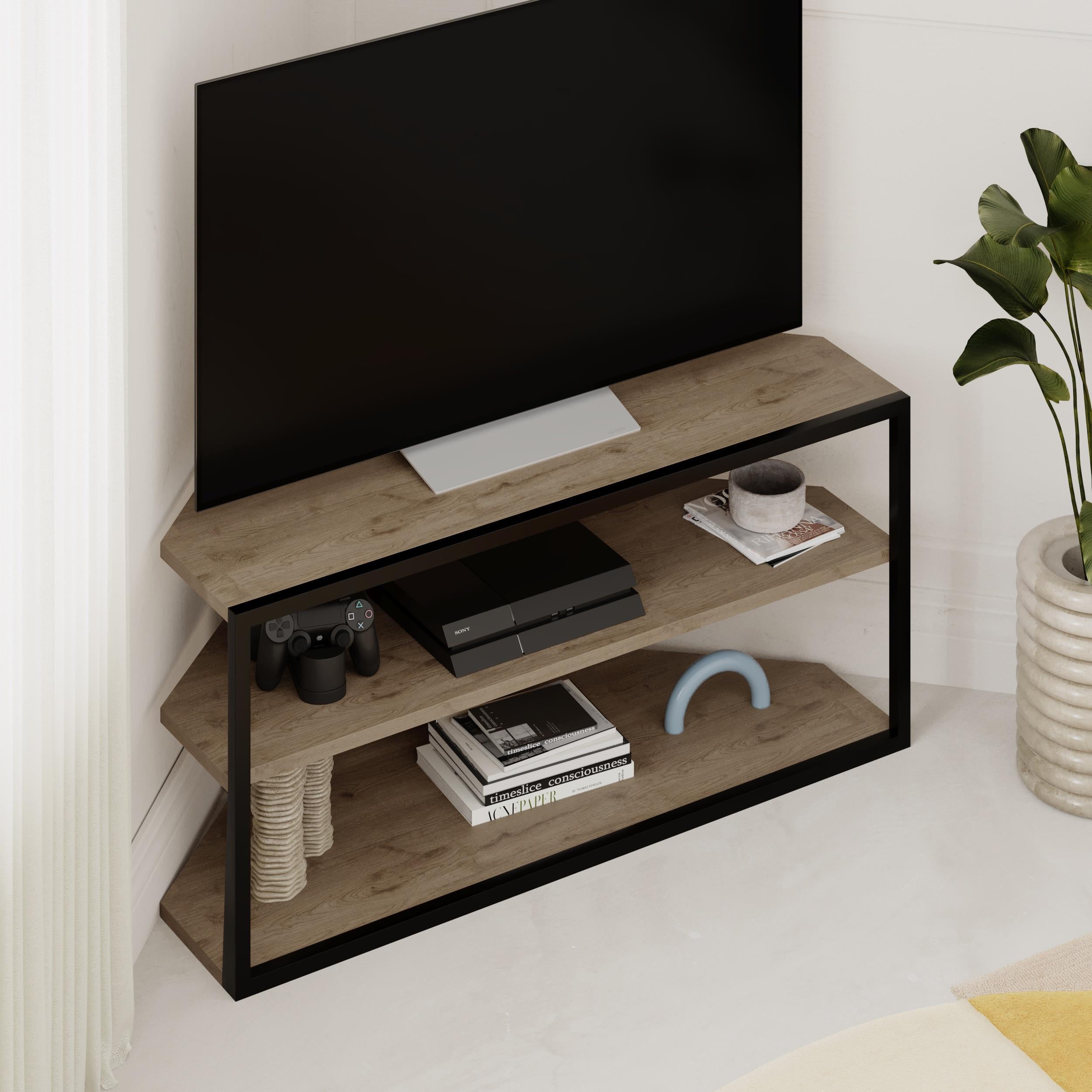 Corner TV Stand – Compact Corner Unit for TVs with Storage Shelves for Living Rooms or Flats