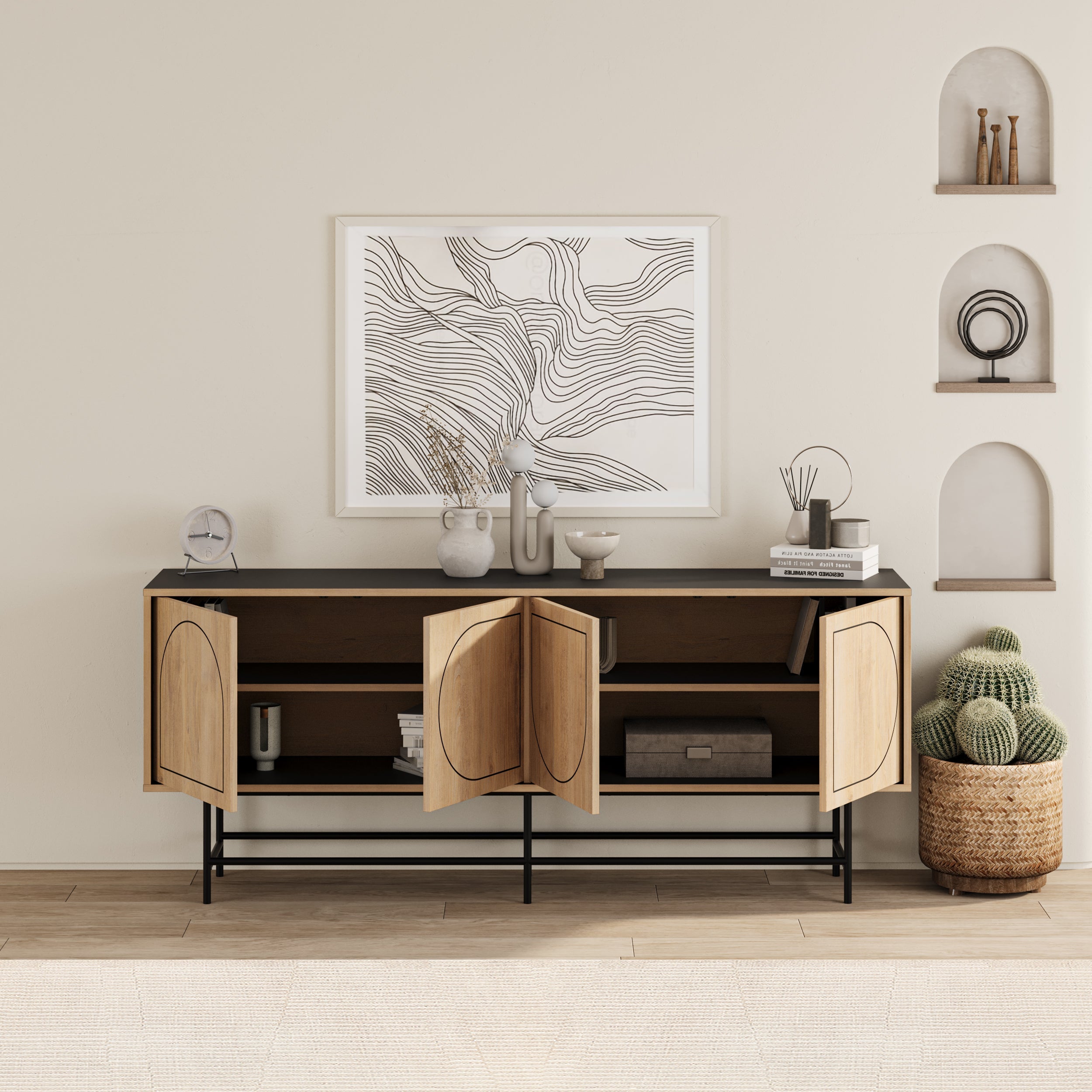 Modern Sideboard Console Unit - Silky Black and Oak