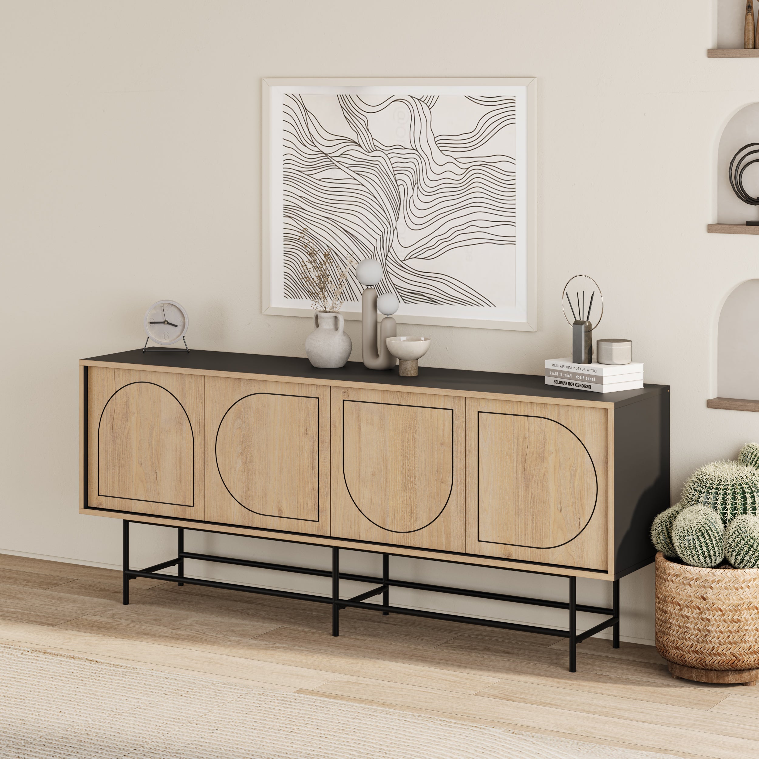 Modern Sideboard Console Unit - Silky Black and Oak
