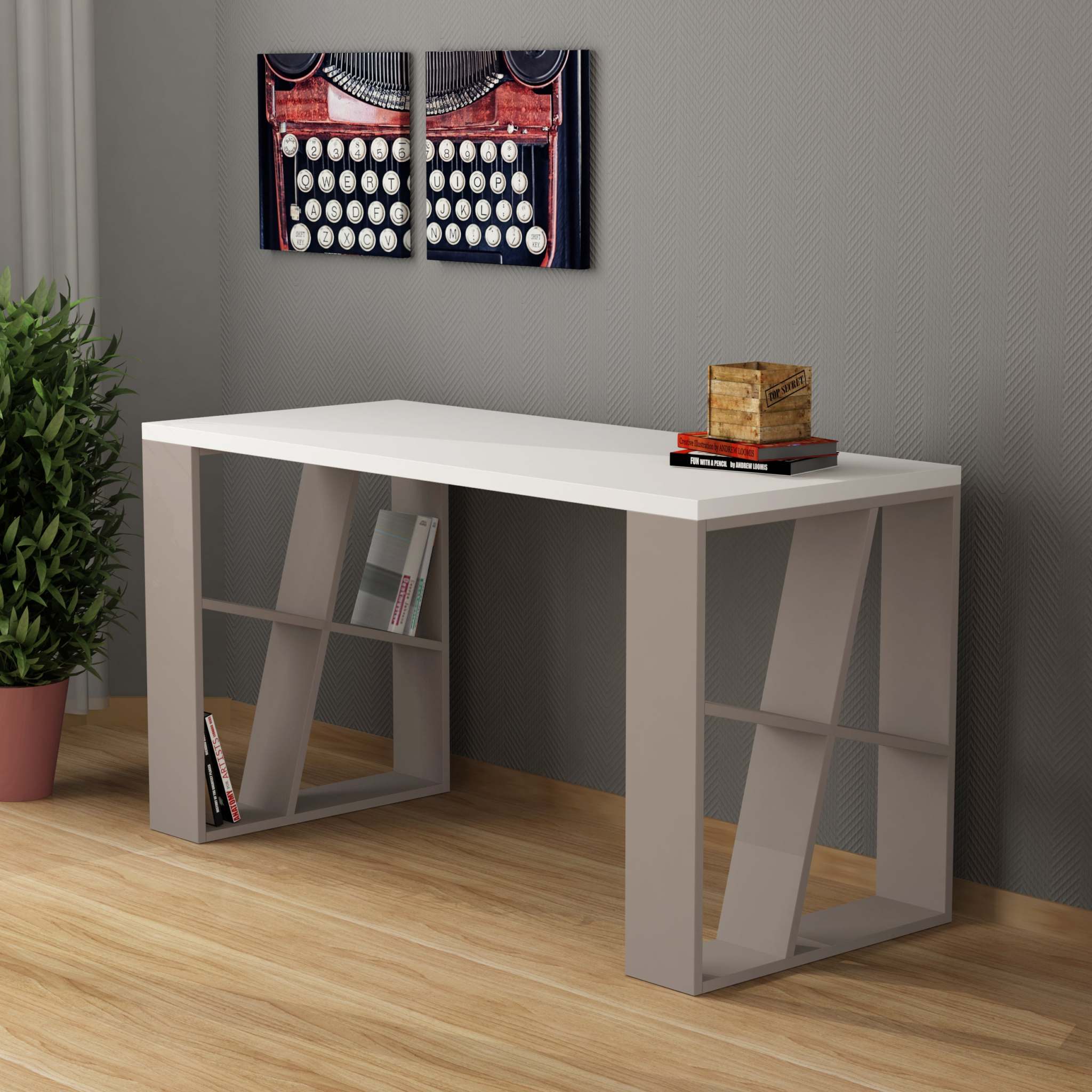 Honey Modern Desk With Bookshelf Legs Width 137cm