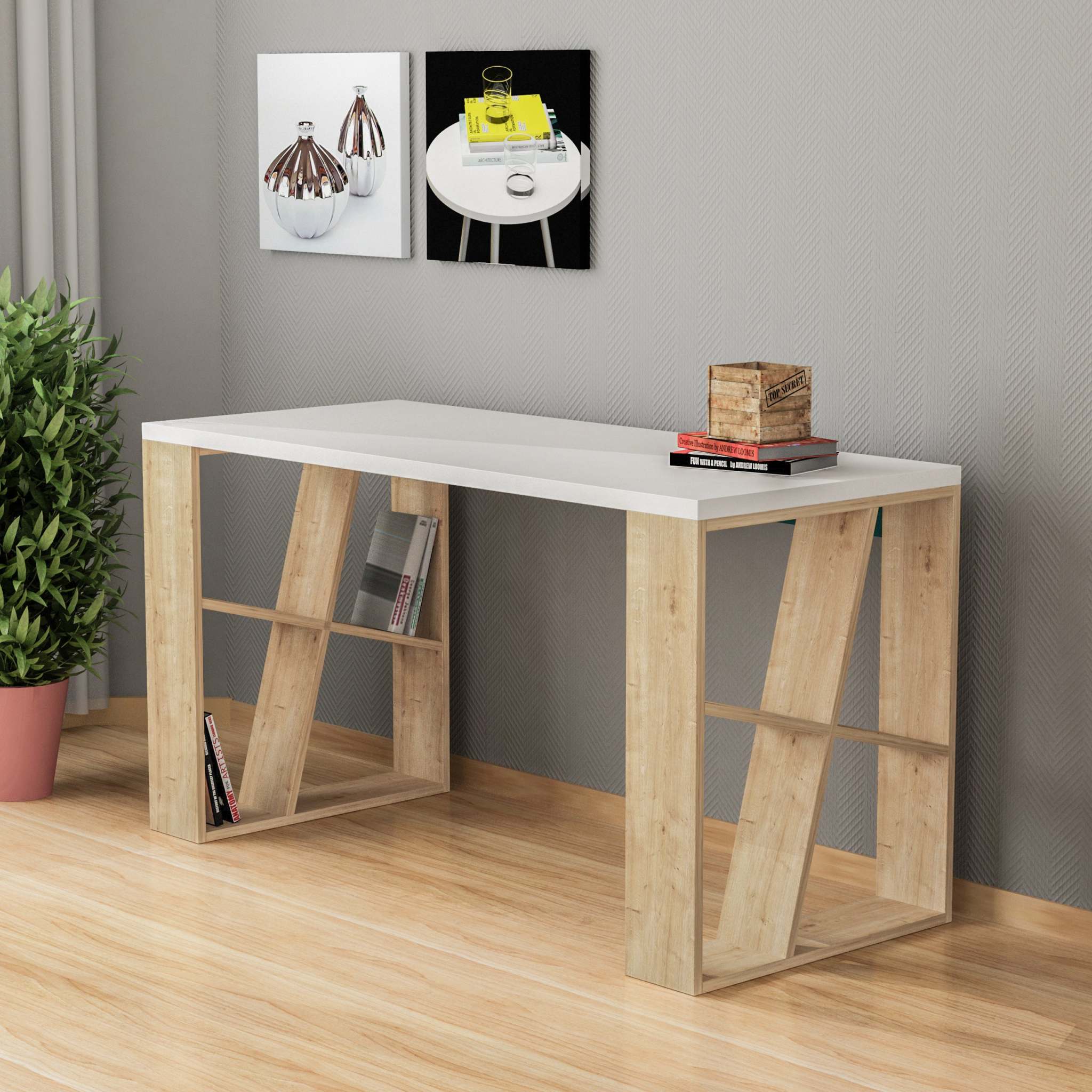 Honey Modern Desk With Bookshelf Legs Width 137cm