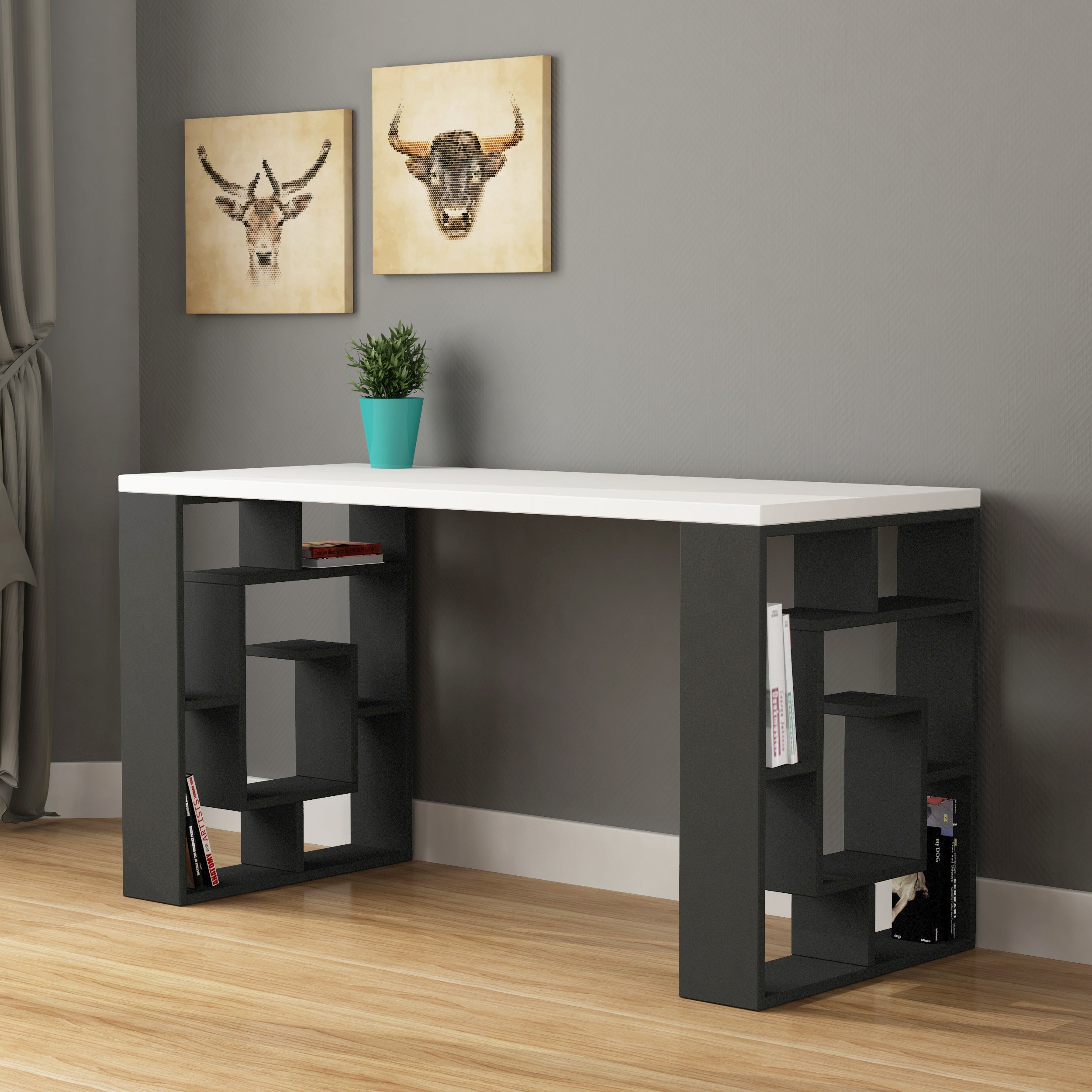 Modern Desk With Bookshelf Legs Width 137cm