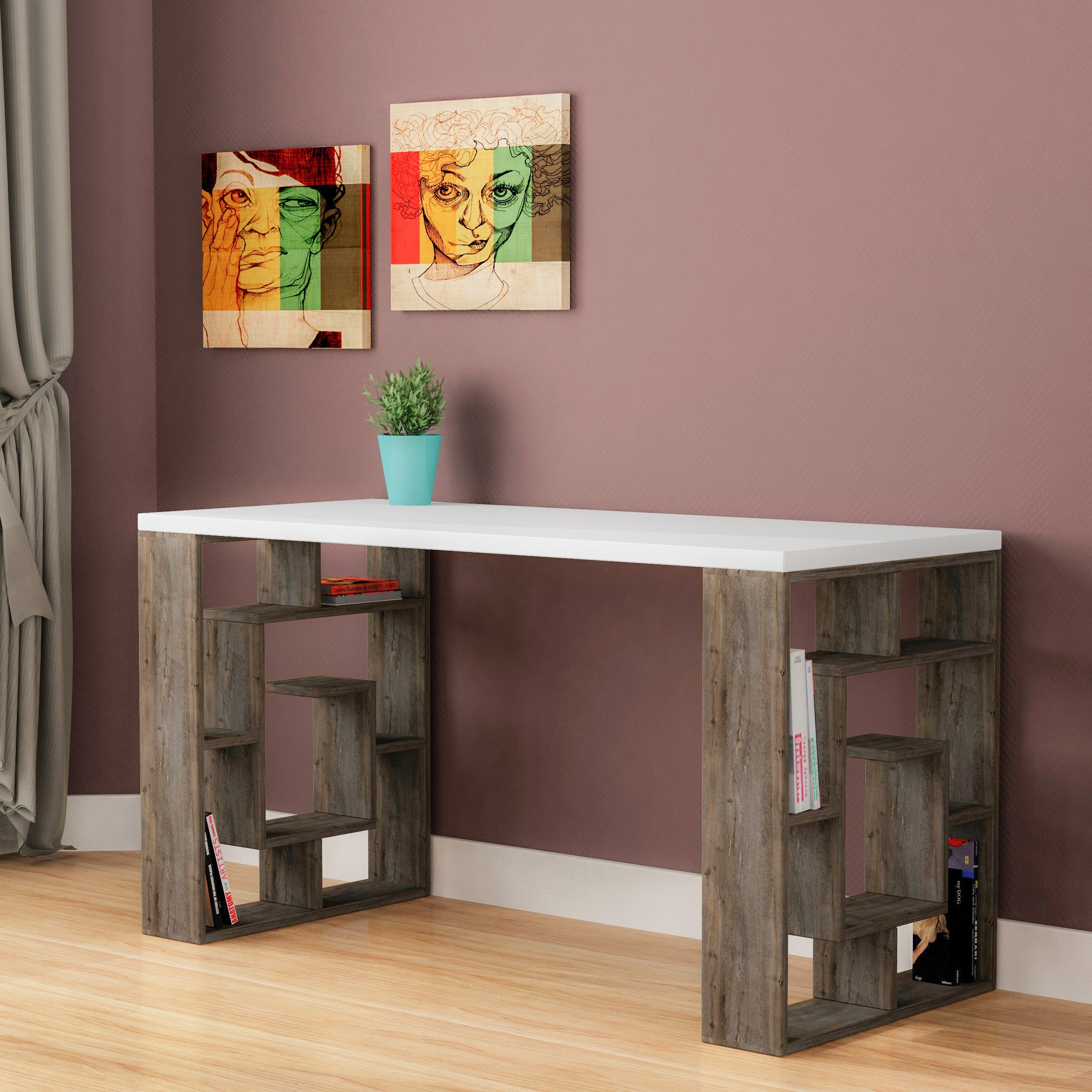 Modern Desk With Bookshelf Legs Width 137cm