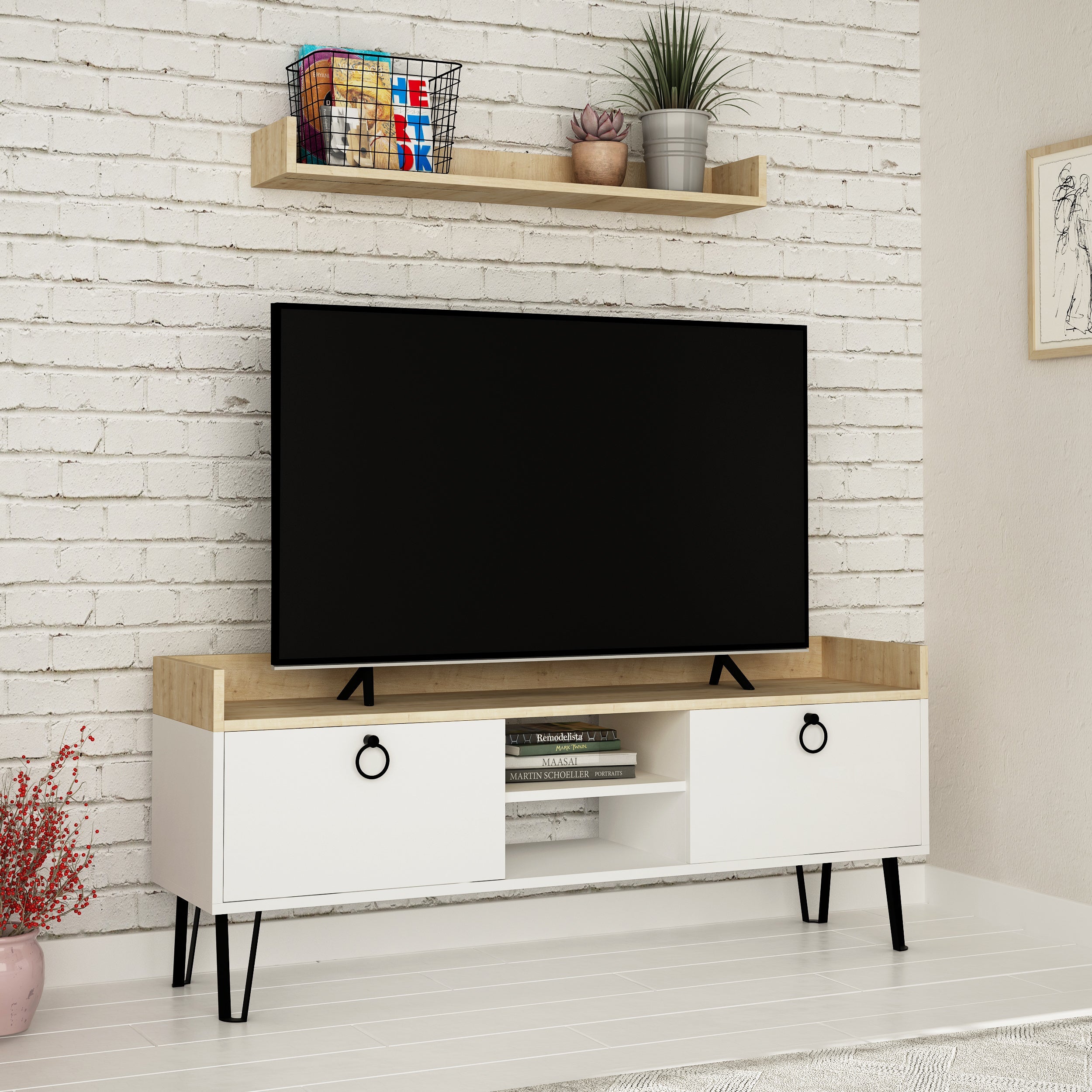 Modern TV Stand Multimedia Centre With Wall Shelf Unit 140cm