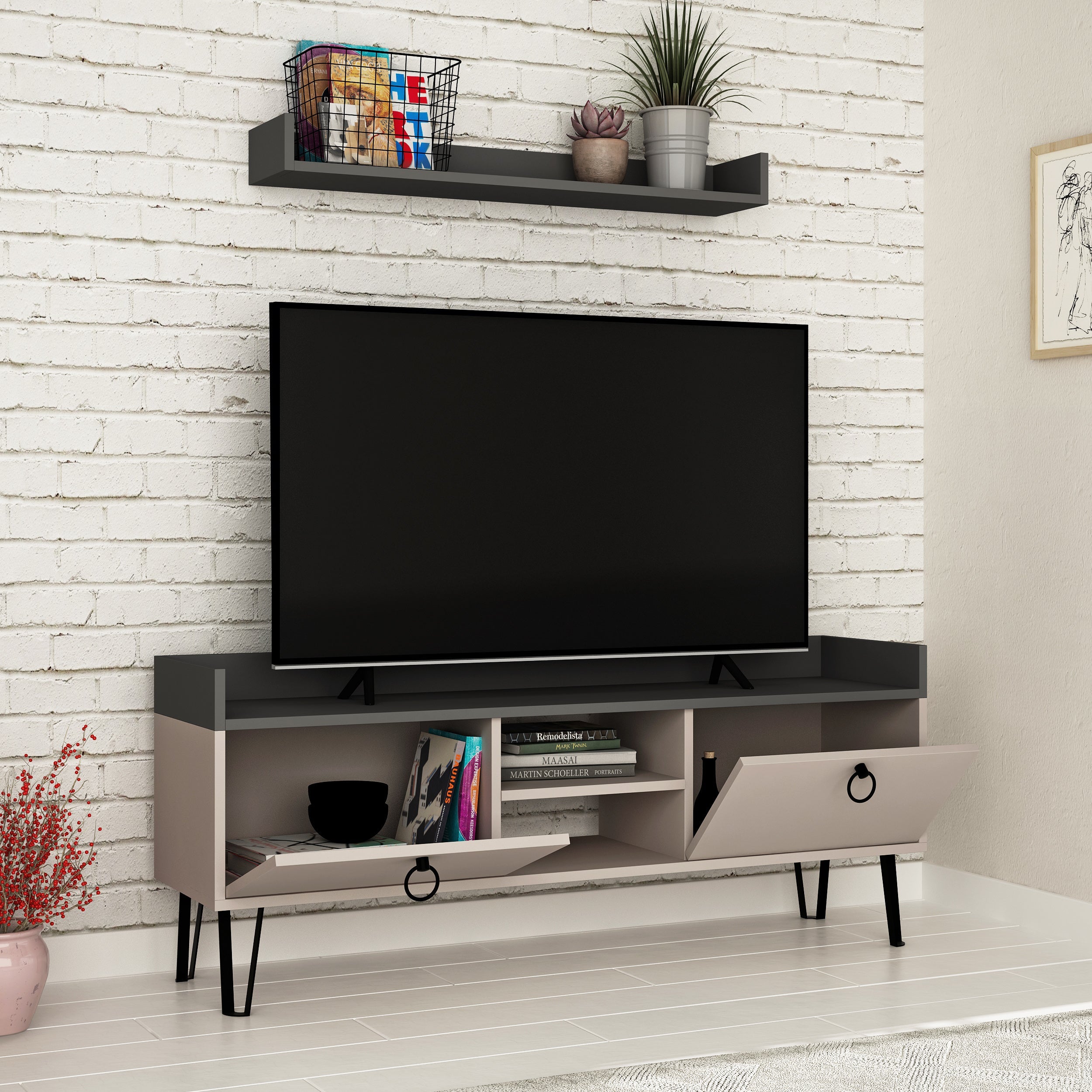 Modern TV Stand Multimedia Centre With Wall Shelf Unit 140cm