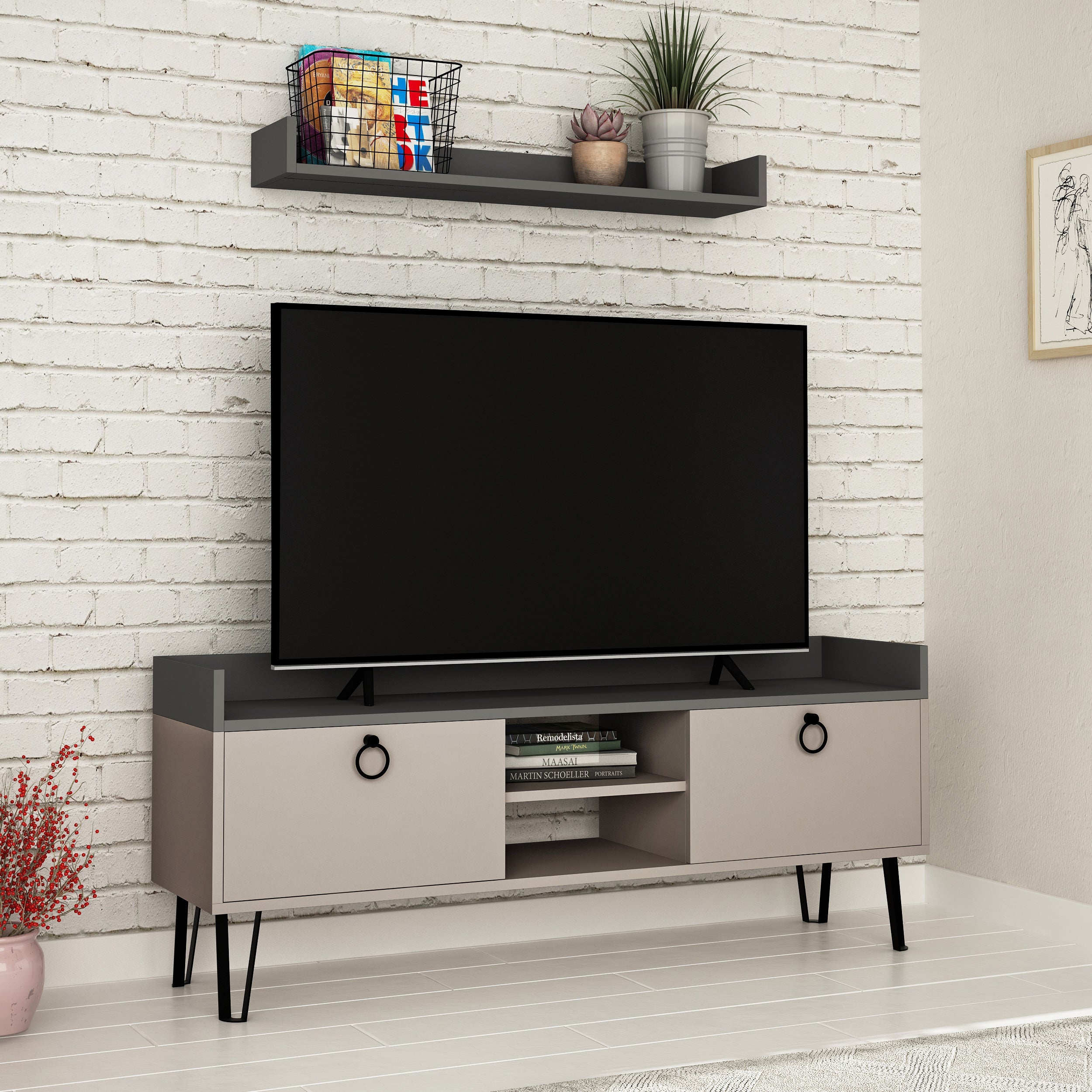 Modern TV Stand Multimedia Centre With Wall Shelf Unit 140cm