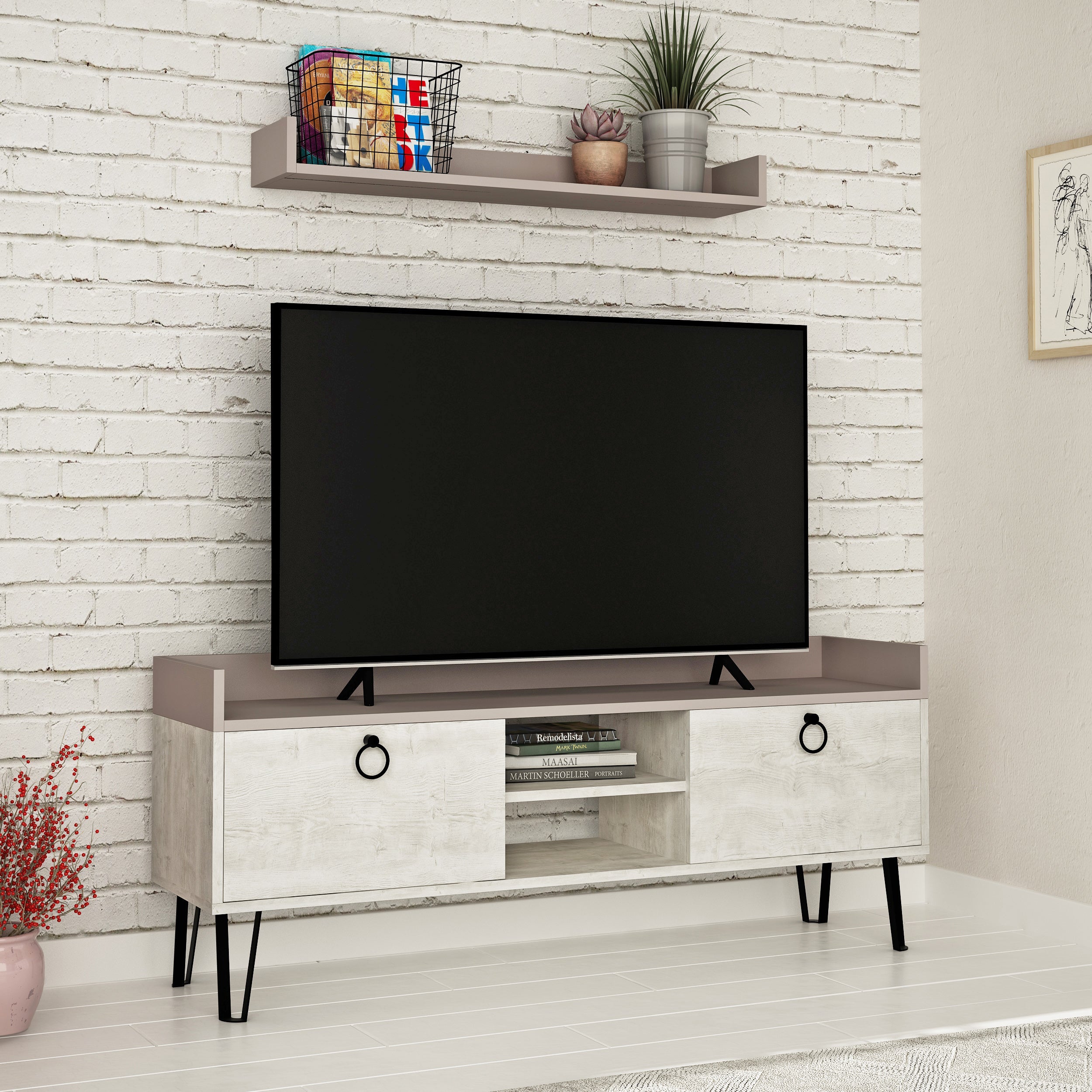 Modern TV Stand Multimedia Centre With Wall Shelf Unit 140cm