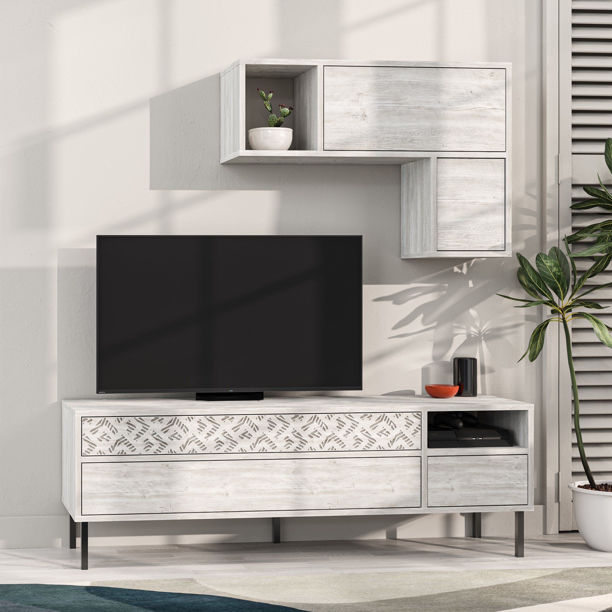 Modern Tv Unit With Storage And Wall Shelf 144.6cm