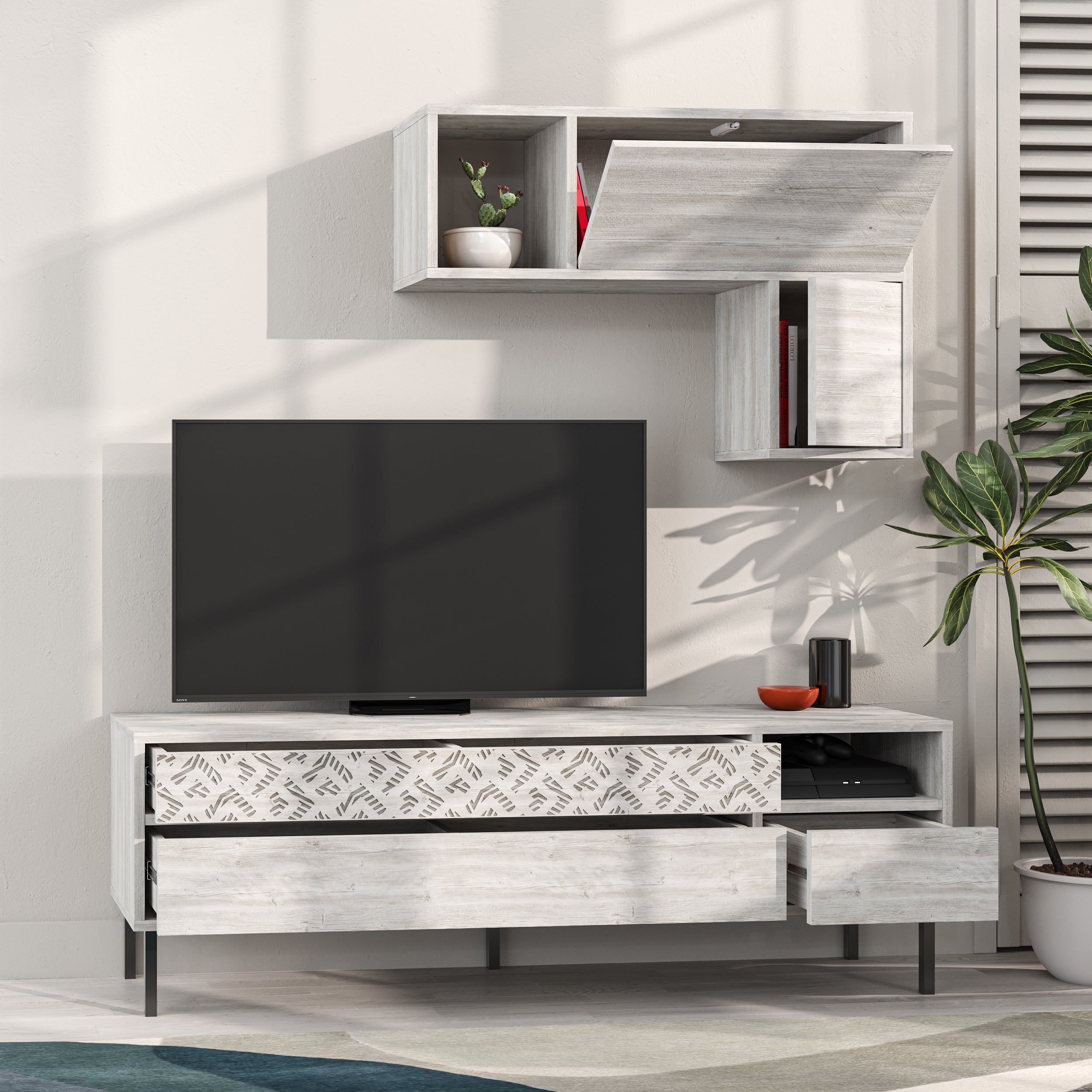 Modern Tv Unit With Storage And Wall Shelf 144.6cm