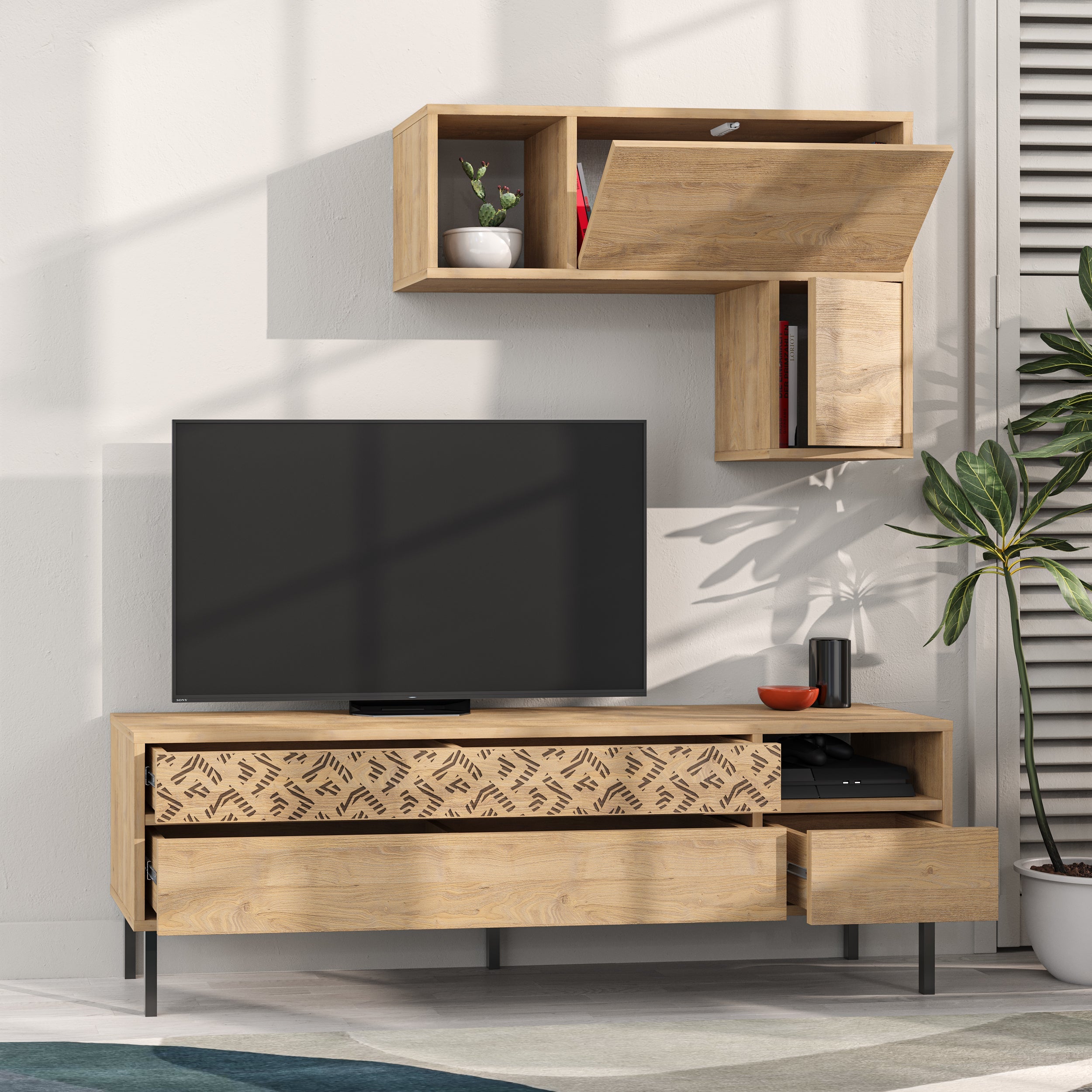 Modern Tv Unit With Storage And Wall Shelf 144.6cm