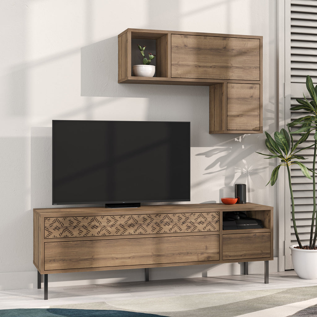 Modern Tv Unit With Storage And Wall Shelf 144.6cm