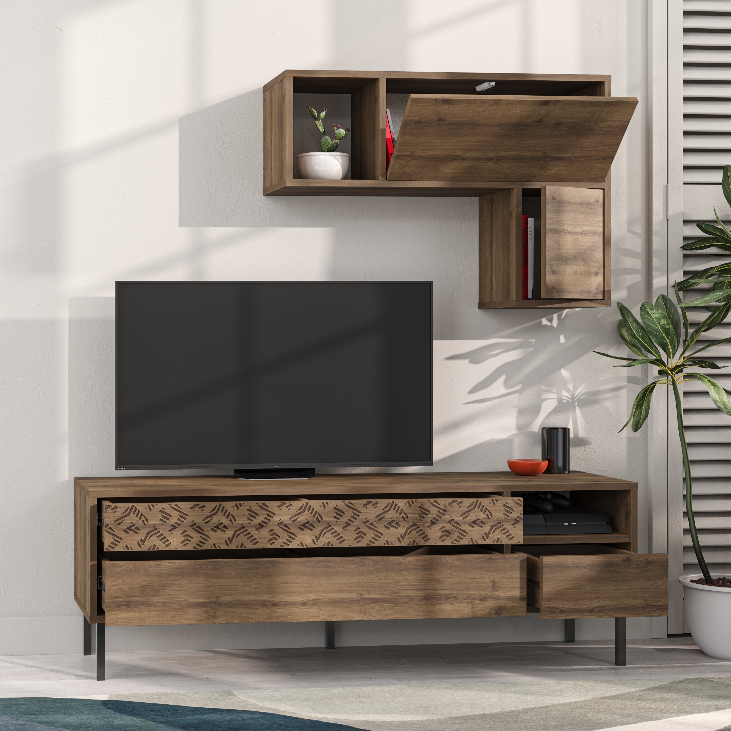 Modern Tv Unit With Storage And Wall Shelf 144.6cm