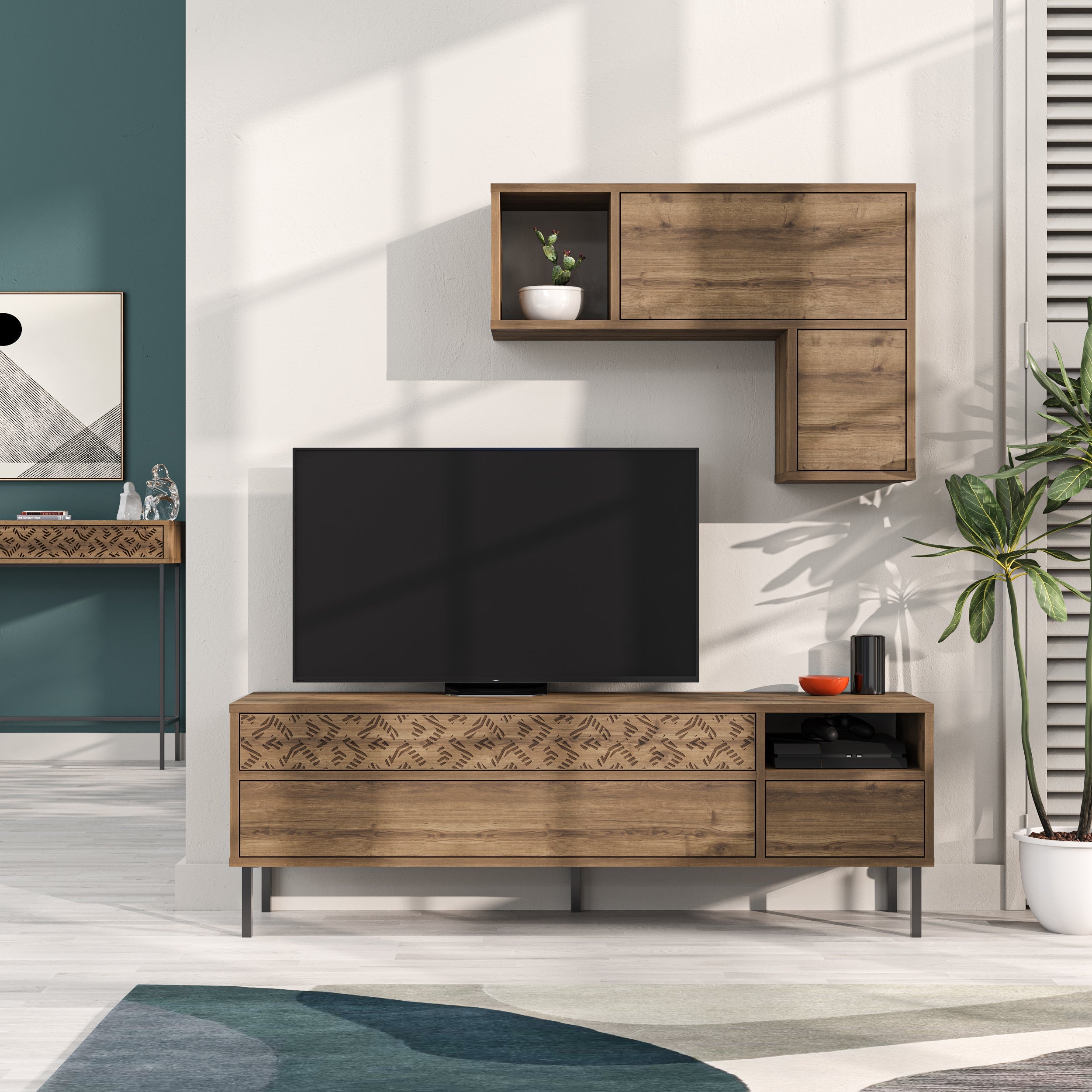 Modern Tv Unit With Storage And Wall Shelf 144.6cm