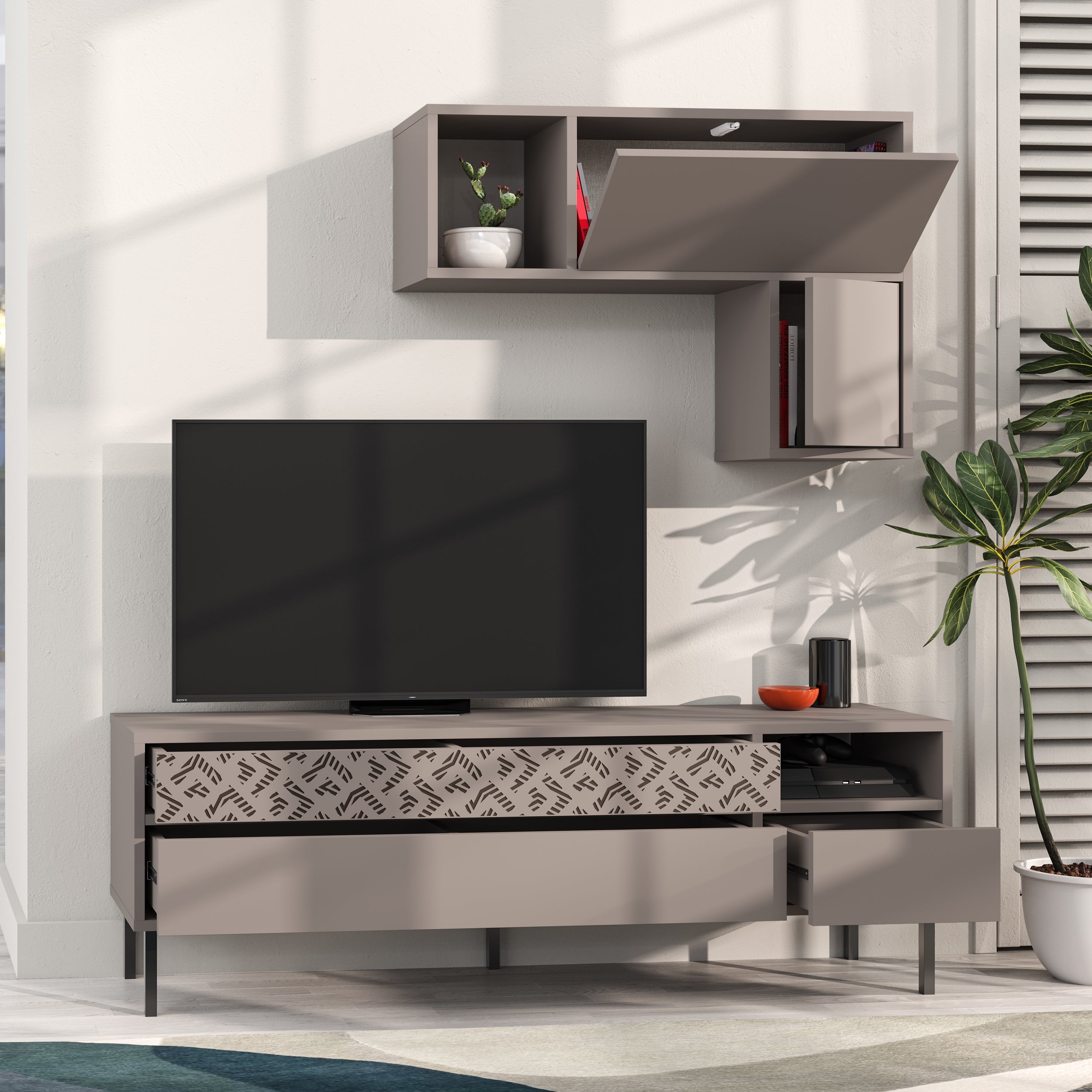 Modern Tv Unit With Storage And Wall Shelf 144.6cm