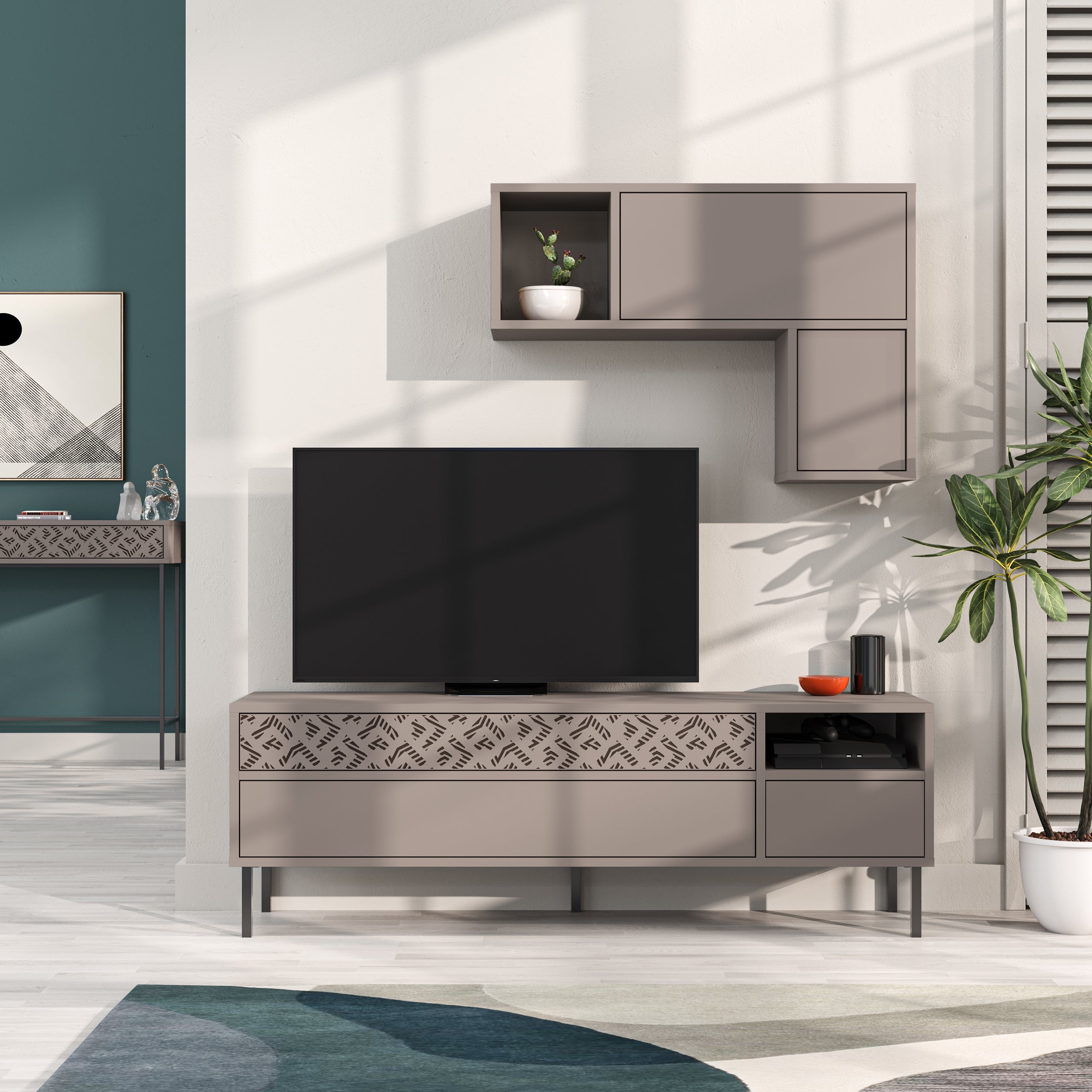 Modern Tv Unit With Storage And Wall Shelf 144.6cm