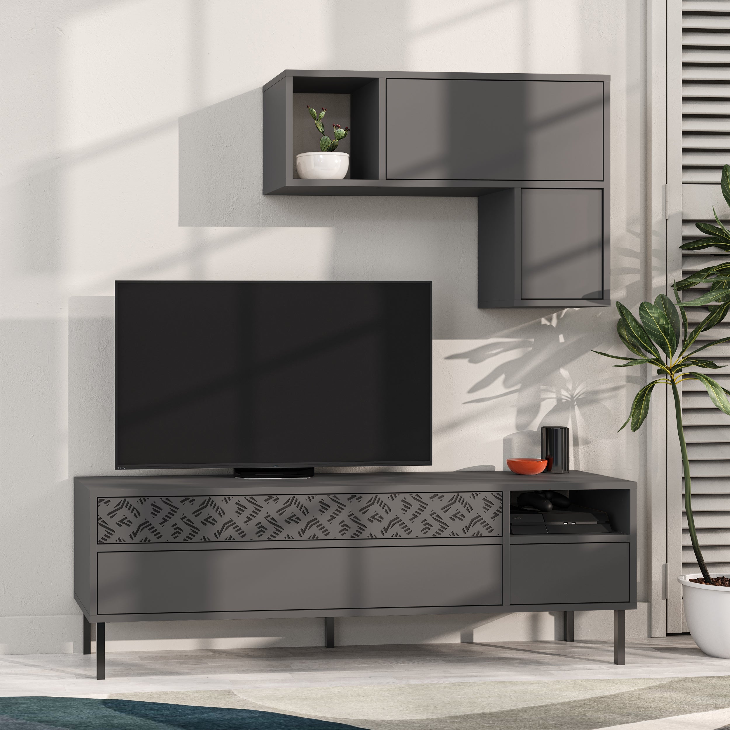 Modern Tv Unit With Storage And Wall Shelf 144.6cm