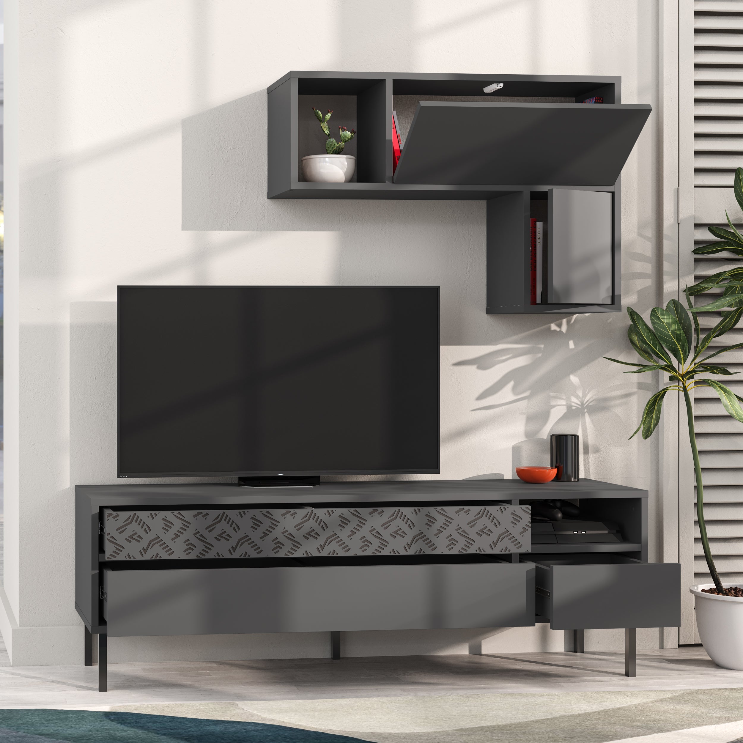 Modern Tv Unit With Storage And Wall Shelf 144.6cm