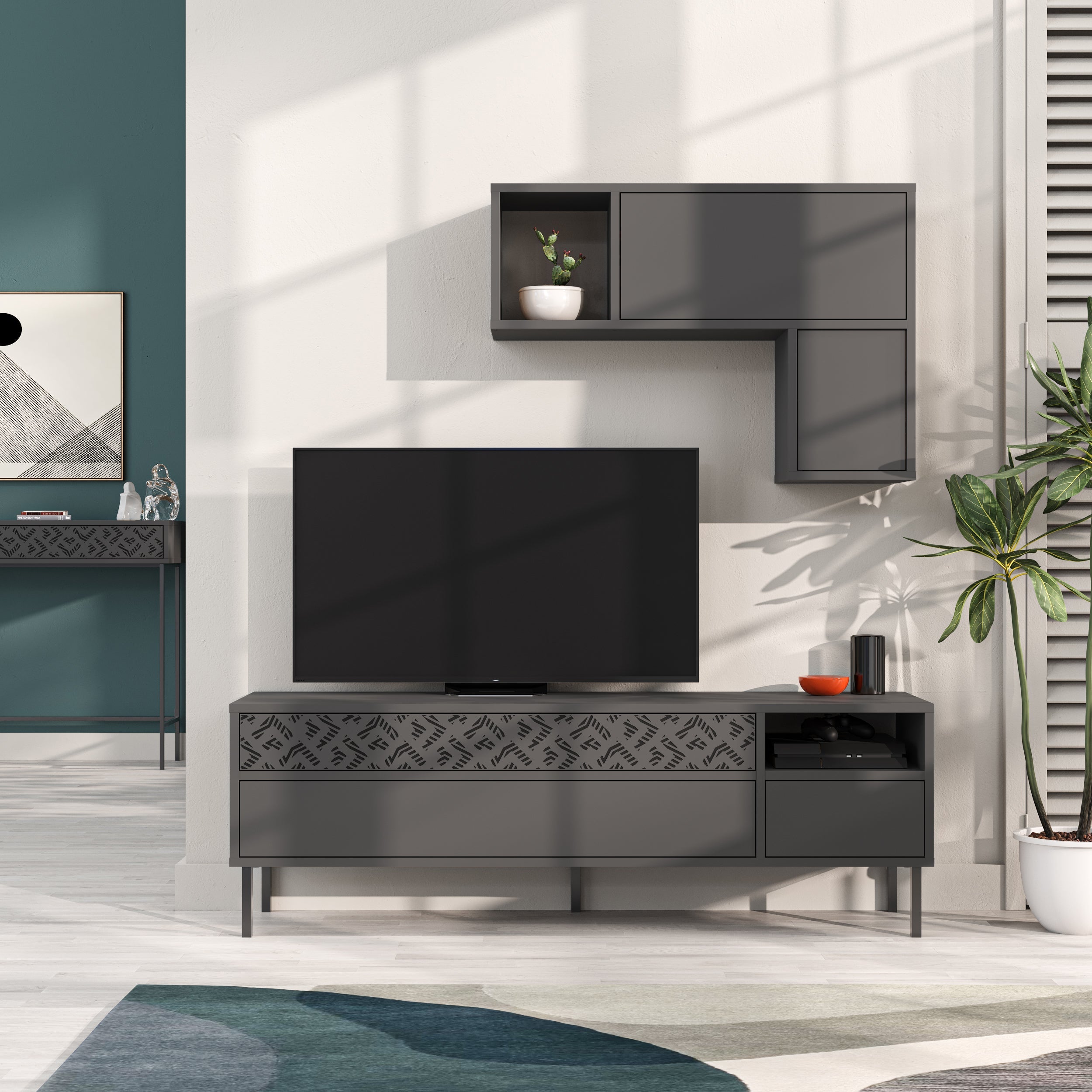 Modern Tv Unit With Storage And Wall Shelf 144.6cm