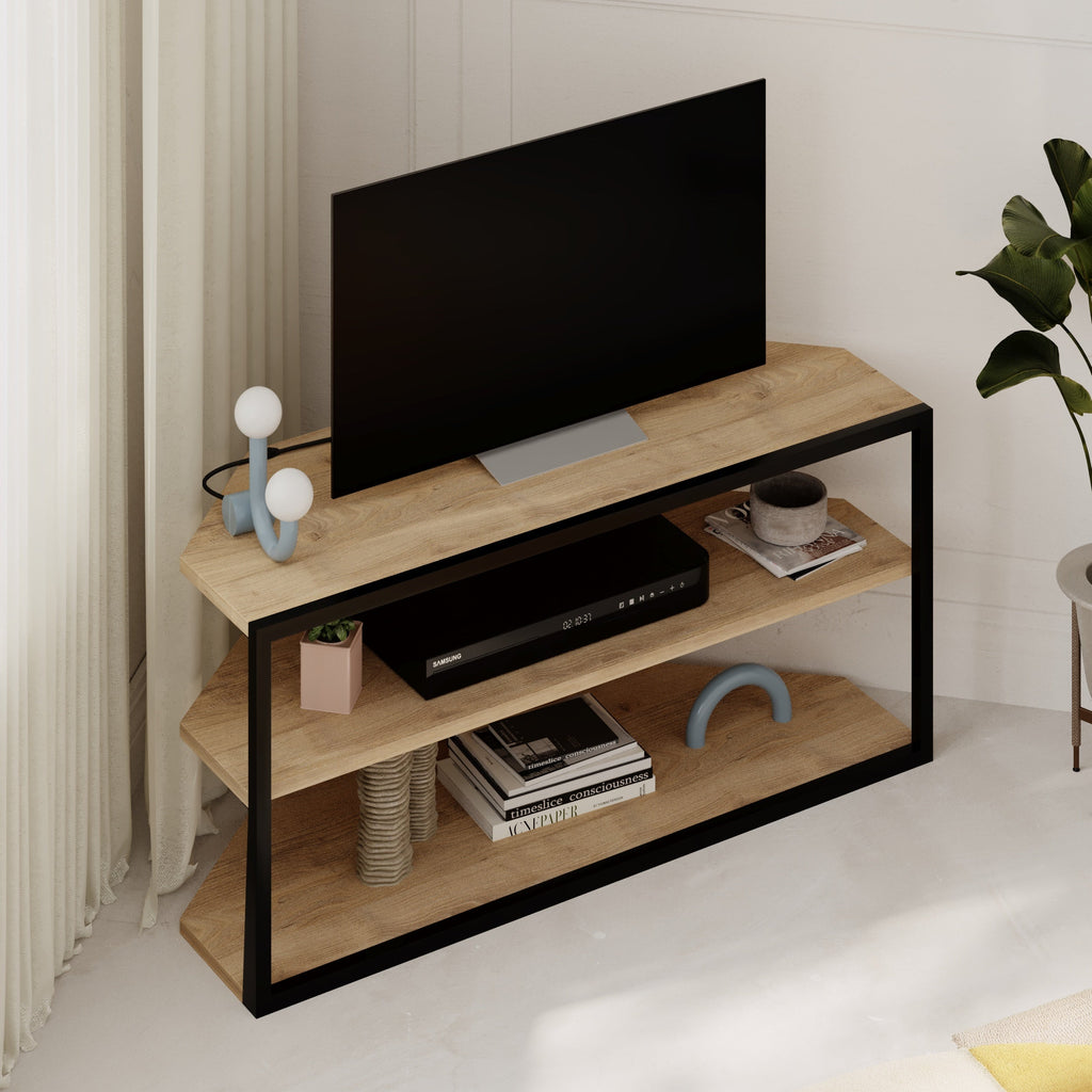 Corner TV Stand – Compact Corner Unit for TVs with Storage Shelves for Living Rooms or Flats