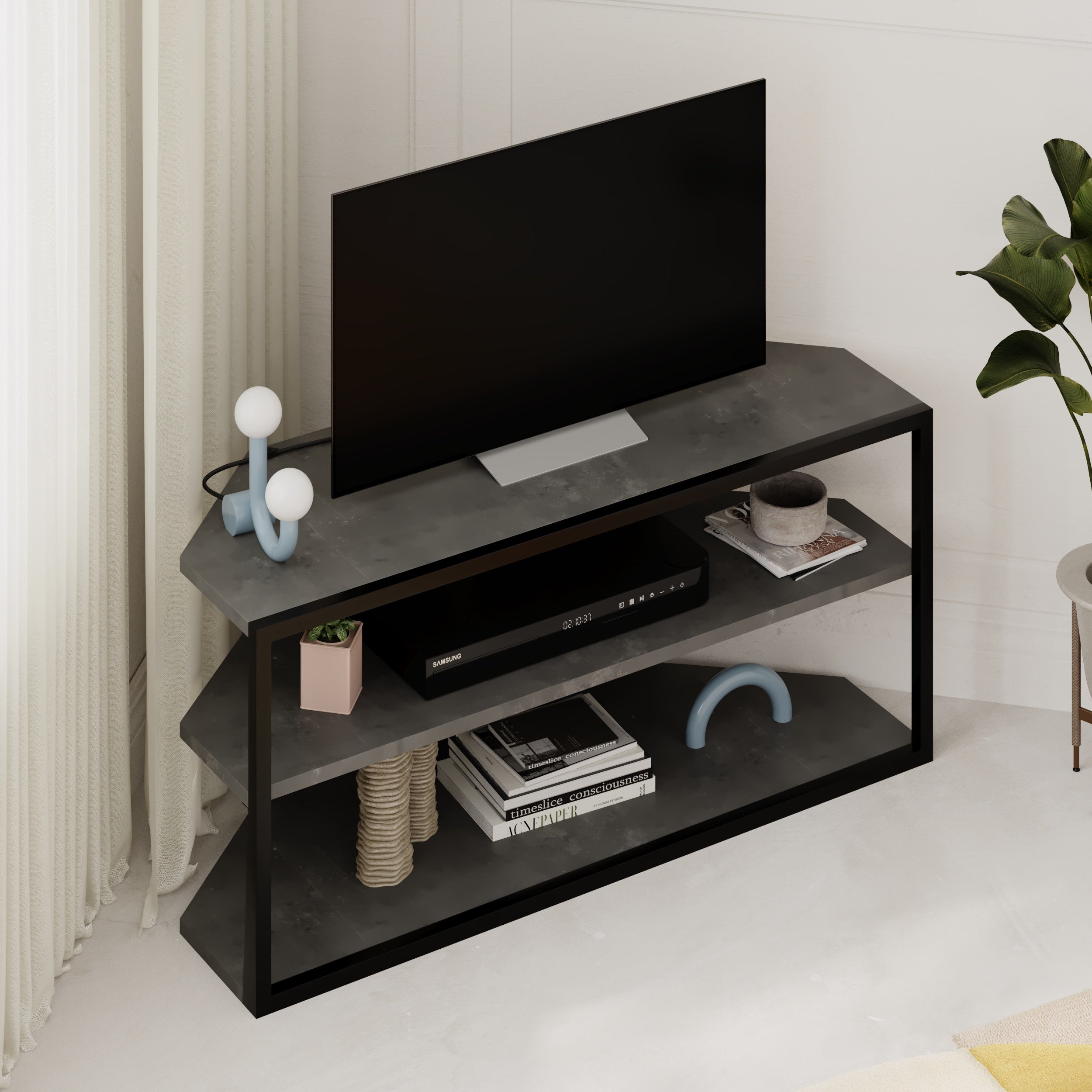 Corner TV Stand – Compact Corner Unit for TVs with Storage Shelves for Living Rooms or Flats